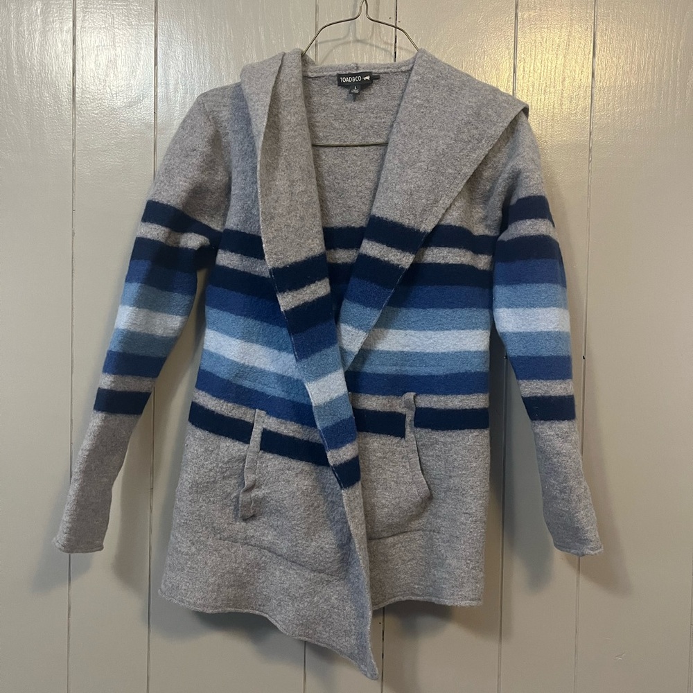 Toad&Co Women's 100% Wool Hooded Cardigan Sweater Gray Blue Striped Large